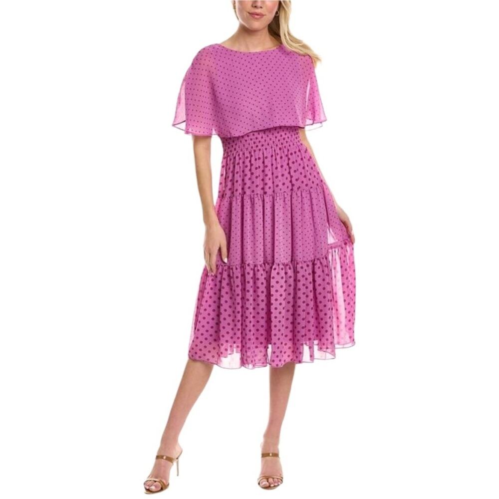 MAISON TARA Purple Polka Dot Tiered Midi Caplet‎ Sleeve Dress Women's Size 6